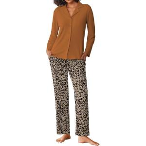 imageEkouaer Womens Pajamas Sets Button Down Long Sleeve Lounge Sets Soft 2 Piece Pants SleepwearCamel Black Leopard