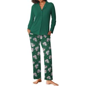 imageEkouaer Womens Pajamas Sets Button Down Long Sleeve Lounge Sets Soft 2 Piece Pants SleepwearGreen Pink and Yellow Flower