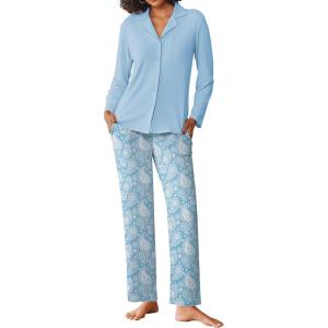 imageEkouaer Womens Pajamas Sets Button Down Long Sleeve Lounge Sets Soft 2 Piece Pants SleepwearLight Blue and White Cashew Flower