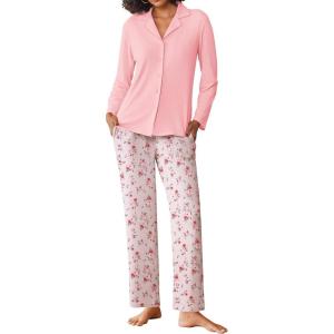 imageEkouaer Womens Pajamas Sets Button Down Long Sleeve Lounge Sets Soft 2 Piece Pants SleepwearPink Floral