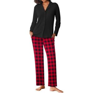 imageEkouaer Womens Pajamas Sets Button Down Long Sleeve Lounge Sets Soft 2 Piece Pants SleepwearRed Black and Gray Plaid