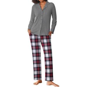 imageEkouaer Womens Pajamas Sets Button Down Long Sleeve Lounge Sets Soft 2 Piece Pants SleepwearRed Gray and White Plaid