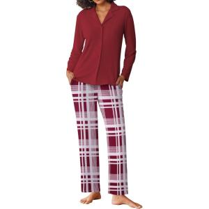 imageEkouaer Womens Pajamas Sets Button Down Long Sleeve Lounge Sets Soft 2 Piece Pants SleepwearWine Red and White Plaid