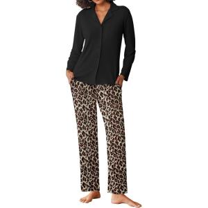 imageEkouaer Womens Pajamas Sets Button Down Long Sleeve Lounge Sets Soft 2 Piece Pants SleepwearYellow Black and Brown Leopard