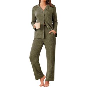 imageEkouaer Womens Ribbed Knit Pajama Sets 2 Piece Lounge Set Long Sleeve Button Down Pjs Sleepwear Set with PocketsArmy Green