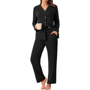 imageEkouaer Womens Ribbed Knit Pajama Sets 2 Piece Lounge Set Long Sleeve Button Down Pjs Sleepwear Set with PocketsBlack