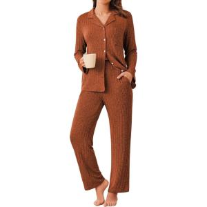 imageEkouaer Womens Ribbed Knit Pajama Sets 2 Piece Lounge Set Long Sleeve Button Down Pjs Sleepwear Set with PocketsCaramel