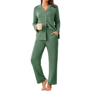 imageEkouaer Womens Ribbed Knit Pajama Sets 2 Piece Lounge Set Long Sleeve Button Down Pjs Sleepwear Set with PocketsGreen