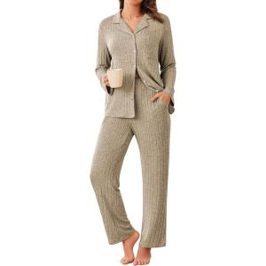 imageEkouaer Womens Ribbed Knit Pajama Sets 2 Piece Lounge Set Long Sleeve Button Down Pjs Sleepwear Set with PocketsKhaki