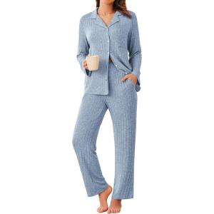 imageEkouaer Womens Ribbed Knit Pajama Sets 2 Piece Lounge Set Long Sleeve Button Down Pjs Sleepwear Set with PocketsLight Blue