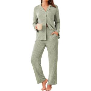 imageEkouaer Womens Ribbed Knit Pajama Sets 2 Piece Lounge Set Long Sleeve Button Down Pjs Sleepwear Set with PocketsLight Green