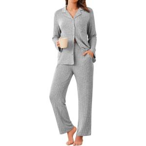 imageEkouaer Womens Ribbed Knit Pajama Sets 2 Piece Lounge Set Long Sleeve Button Down Pjs Sleepwear Set with PocketsLight Grey