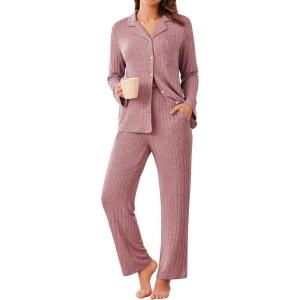 imageEkouaer Womens Ribbed Knit Pajama Sets 2 Piece Lounge Set Long Sleeve Button Down Pjs Sleepwear Set with PocketsPink