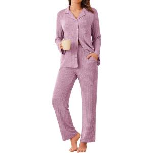 imageEkouaer Womens Ribbed Knit Pajama Sets 2 Piece Lounge Set Long Sleeve Button Down Pjs Sleepwear Set with PocketsPurple Pink