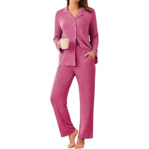 imageEkouaer Womens Ribbed Knit Pajama Sets 2 Piece Lounge Set Long Sleeve Button Down Pjs Sleepwear Set with PocketsRose Pink