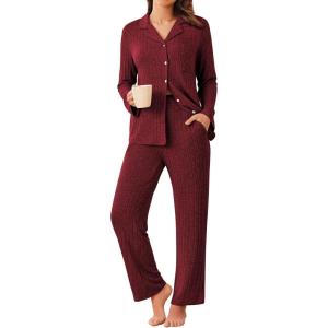 imageEkouaer Womens Ribbed Knit Pajama Sets 2 Piece Lounge Set Long Sleeve Button Down Pjs Sleepwear Set with PocketsWine Red