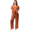 imageEkouaer Silk Pajamas Satin 2 Piece Short Sleeve Top and Long Pants Pj Sets Silky Sleepwear Loungewear for WomenCaramel