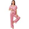 imageEkouaer Silk Pajamas Satin 2 Piece Short Sleeve Top and Long Pants Pj Sets Silky Sleepwear Loungewear for WomenCoral Pink