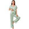 imageEkouaer Silk Pajamas Satin 2 Piece Short Sleeve Top and Long Pants Pj Sets Silky Sleepwear Loungewear for WomenLight Green