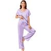 imageEkouaer Silk Pajamas Satin 2 Piece Short Sleeve Top and Long Pants Pj Sets Silky Sleepwear Loungewear for WomenLilac