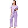 imageEkouaer Silk Pajamas Satin 2 Piece Short Sleeve Top and Long Pants Pj Sets Silky Sleepwear Loungewear for WomenLilac