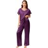 imageEkouaer Silk Pajamas Satin 2 Piece Short Sleeve Top and Long Pants Pj Sets Silky Sleepwear Loungewear for WomenPurple