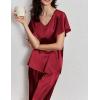 imageEkouaer Silk Pajamas Satin 2 Piece Short Sleeve Top and Long Pants Pj Sets Silky Sleepwear Loungewear for WomenWine Red