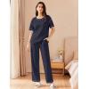 imageEkouaer Women Waffle Knit Lounge Sets Short Sleeve Top and Long Pant Pajama Set Loungewear 2 Piece Pjs Set with PocketsNavy Blue