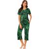 imageEkouaer Womens Pajamas Set Short Sleeve Sleepwear 2 Piece Round Neck Top Capri Pants Lounge Wear with PocketsBlackDark Green Leaves