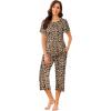 imageEkouaer Womens Pajamas Set Short Sleeve Sleepwear 2 Piece Round Neck Top Capri Pants Lounge Wear with PocketsLeopard
