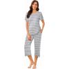 imageEkouaer Womens Pajamas Set Short Sleeve Sleepwear 2 Piece Round Neck Top Capri Pants Lounge Wear with PocketsLight GrayWhite Stripe