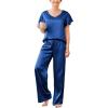 imageEkouaer Silk Pajamas Satin 2 Piece Short Sleeve Top and Long Pants Pj Sets Silky Sleepwear Loungewear for WomenNavy Blue