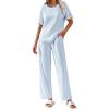 imageEkouaer Women Waffle Knit Lounge Sets Short Sleeve Top and Long Pant Pajama Set Loungewear 2 Piece Pjs Set with PocketsBlue