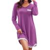imageEkouaer Womens Long Sleeve Nightgowns V Neck Sleepshirts Lace Nightshirts Casual Tshirt Sleep Dress with PocketWineberry