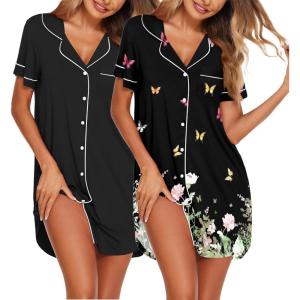 imageEkouaer Nightgowns for Women 2 Pack Button Down Sleepwear Short Sleeve Sleepshirts Soft Nightshirts Boyfriend Pajama DressBlackBlack Butterfly