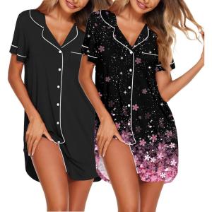 imageEkouaer Nightgowns for Women 2 Pack Button Down Sleepwear Short Sleeve Sleepshirts Soft Nightshirts Boyfriend Pajama DressBlackBlack Cherry Blossoms