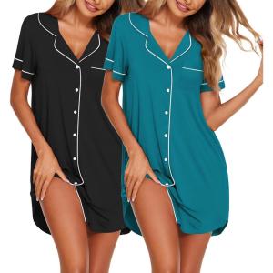 imageEkouaer Nightgowns for Women 2 Pack Button Down Sleepwear Short Sleeve Sleepshirts Soft Nightshirts Boyfriend Pajama DressBlackBlue Green