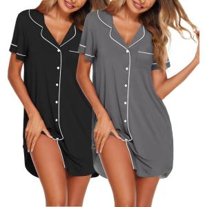 imageEkouaer Nightgowns for Women 2 Pack Button Down Sleepwear Short Sleeve Sleepshirts Soft Nightshirts Boyfriend Pajama DressBlackGrey