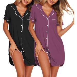 imageEkouaer Nightgowns for Women 2 Pack Button Down Sleepwear Short Sleeve Sleepshirts Soft Nightshirts Boyfriend Pajama DressBlackPurple Red