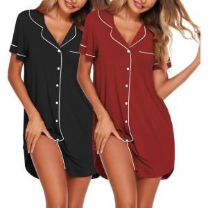 imageEkouaer Nightgowns for Women 2 Pack Button Down Sleepwear Short Sleeve Sleepshirts Soft Nightshirts Boyfriend Pajama DressBlackWine Red