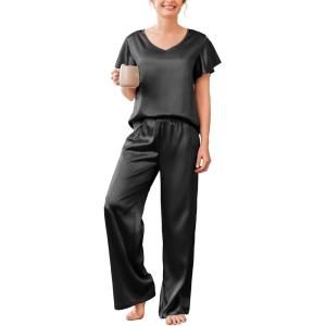 imageEkouaer Silk Pajamas Satin 2 Piece Short Sleeve Top and Long Pants Pj Sets Silky Sleepwear Loungewear for WomenBlack