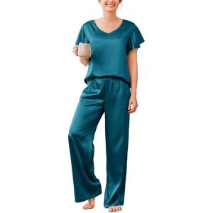 imageEkouaer Silk Pajamas Satin 2 Piece Short Sleeve Top and Long Pants Pj Sets Silky Sleepwear Loungewear for WomenBlue Green