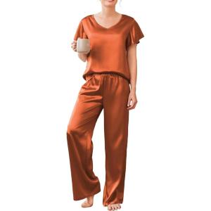 imageEkouaer Silk Pajamas Satin 2 Piece Short Sleeve Top and Long Pants Pj Sets Silky Sleepwear Loungewear for WomenCaramel