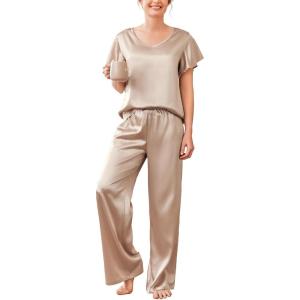 imageEkouaer Silk Pajamas Satin 2 Piece Short Sleeve Top and Long Pants Pj Sets Silky Sleepwear Loungewear for WomenChampagne