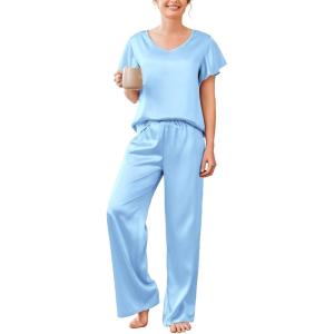imageEkouaer Silk Pajamas Satin 2 Piece Short Sleeve Top and Long Pants Pj Sets Silky Sleepwear Loungewear for WomenClear Blue