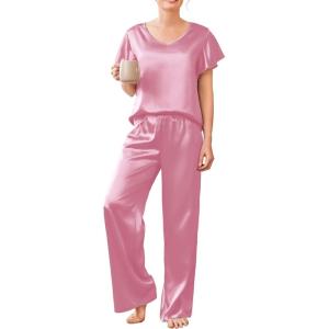 imageEkouaer Silk Pajamas Satin 2 Piece Short Sleeve Top and Long Pants Pj Sets Silky Sleepwear Loungewear for WomenCoral Pink