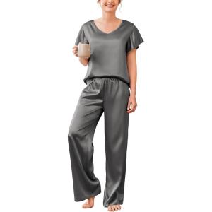 imageEkouaer Silk Pajamas Satin 2 Piece Short Sleeve Top and Long Pants Pj Sets Silky Sleepwear Loungewear for WomenDark Grey