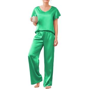 imageEkouaer Silk Pajamas Satin 2 Piece Short Sleeve Top and Long Pants Pj Sets Silky Sleepwear Loungewear for WomenGreen