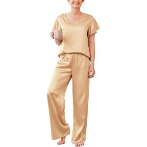 imageEkouaer Silk Pajamas Satin 2 Piece Short Sleeve Top and Long Pants Pj Sets Silky Sleepwear Loungewear for WomenKhaki