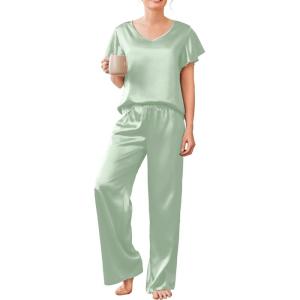 imageEkouaer Silk Pajamas Satin 2 Piece Short Sleeve Top and Long Pants Pj Sets Silky Sleepwear Loungewear for WomenLight Green